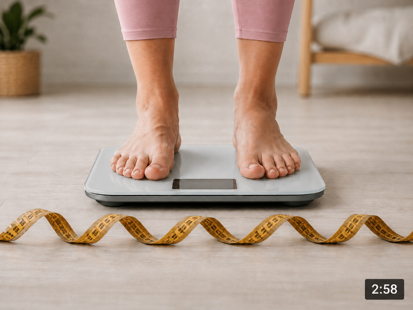Woman standing on a bathroom scale with a tape measure on the floor