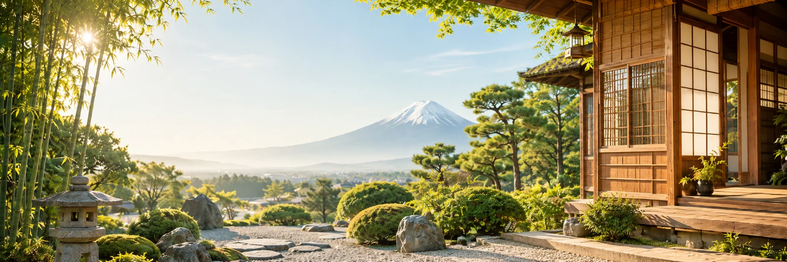 Mt. Fuji viewed from a peaceful Zen garden at sunrise