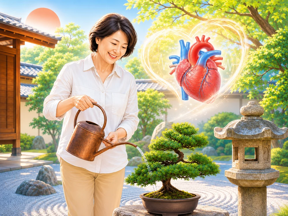 Asian woman watering a bonsai tree in a peaceful garden